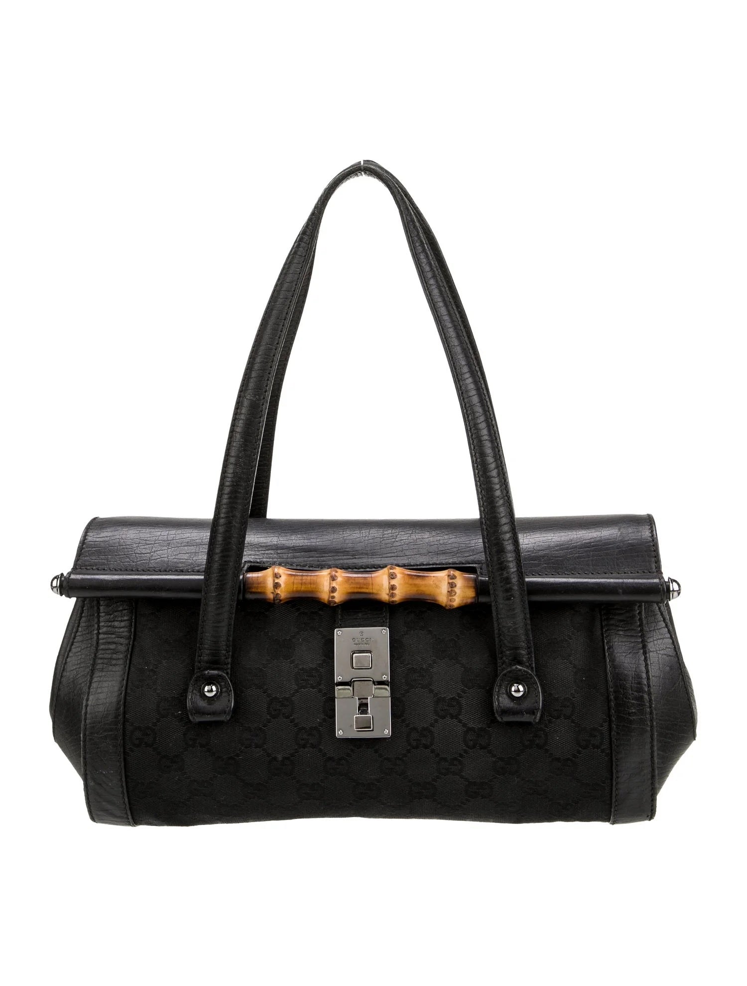 GUCCI SMALL GG MONOGRAM CALFSKIN LEATHER CANVAS BAMBOO BULLET BAG