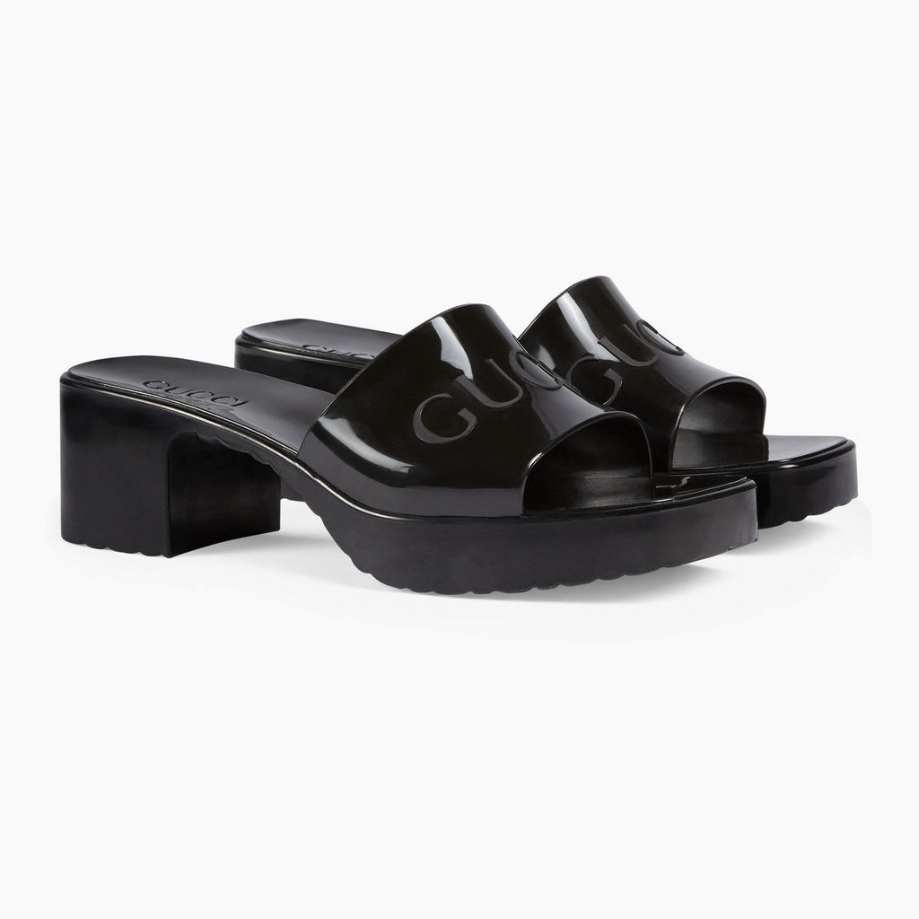 GUCCI EMBOSSED LOGO RUBBER PLATFORM SANDALS