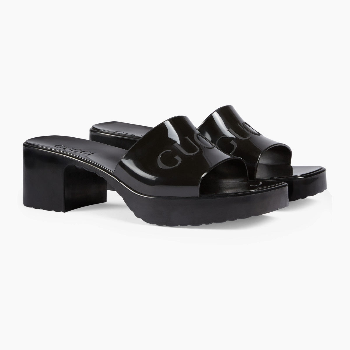 GUCCI EMBOSSED LOGO RUBBER PLATFORM SANDALS