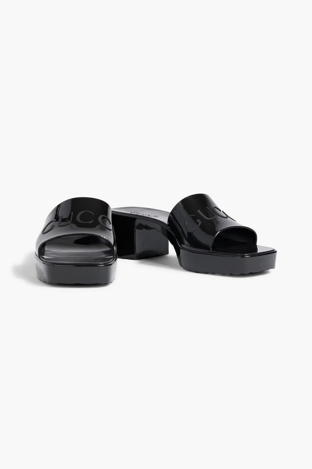 GUCCI EMBOSSED LOGO RUBBER PLATFORM SANDALS