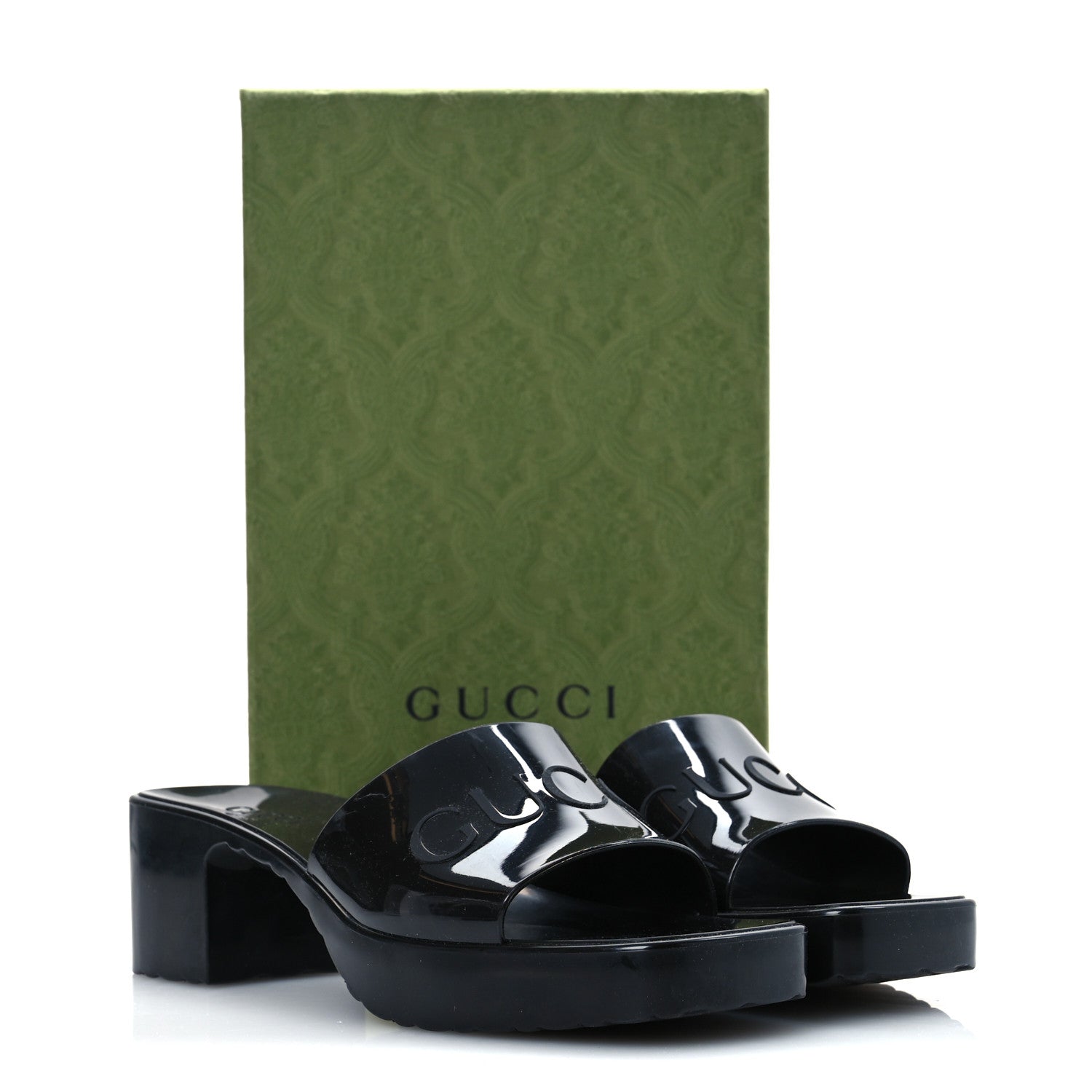 GUCCI EMBOSSED LOGO RUBBER PLATFORM SANDALS