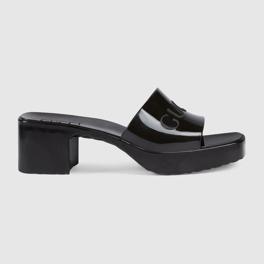 GUCCI EMBOSSED LOGO RUBBER PLATFORM SANDALS