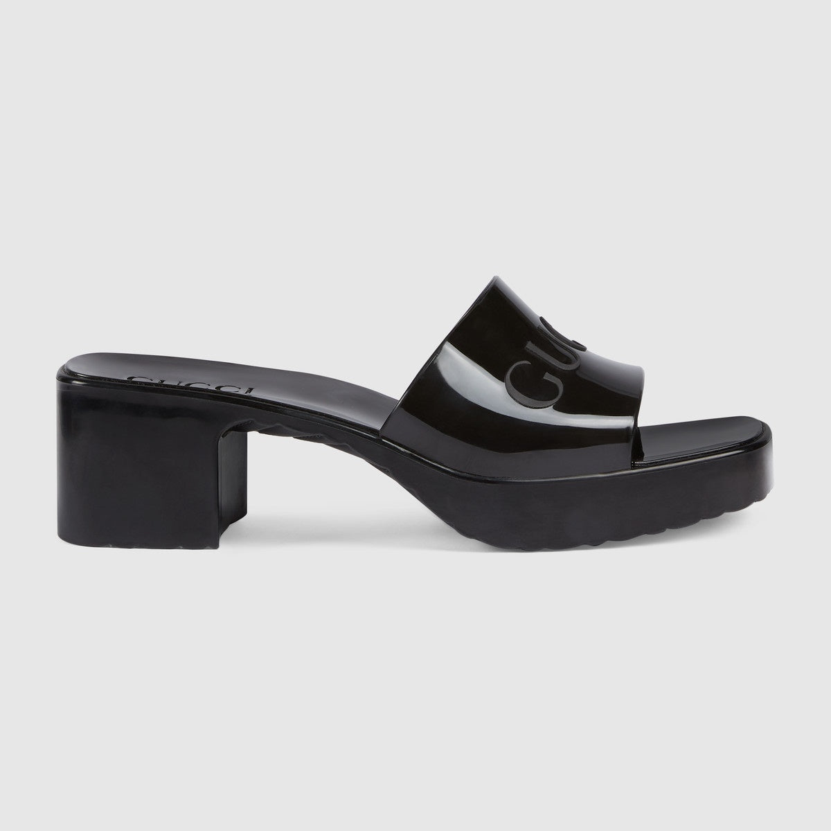 GUCCI EMBOSSED LOGO RUBBER PLATFORM SANDALS