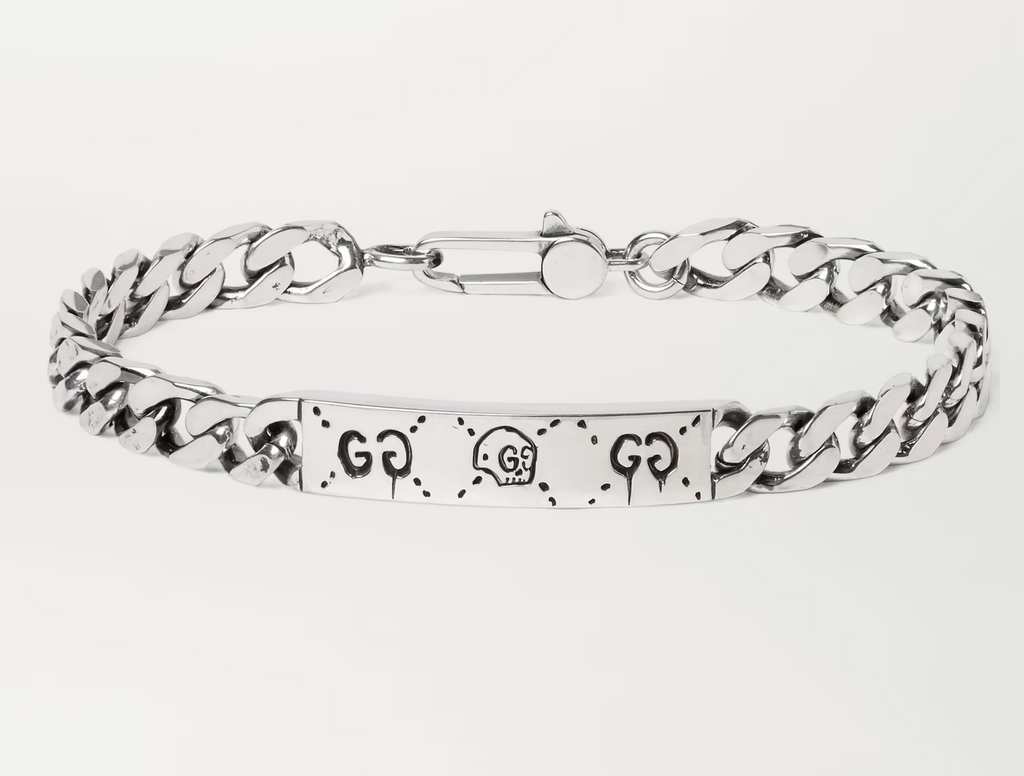 GUCCI GHOST ENGRAVED STERLING SILVER ID BRACELET