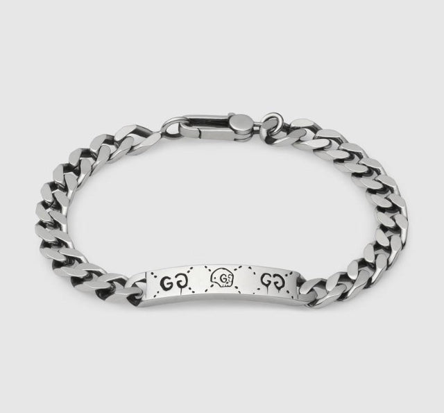 GUCCI GHOST ENGRAVED STERLING SILVER ID BRACELET