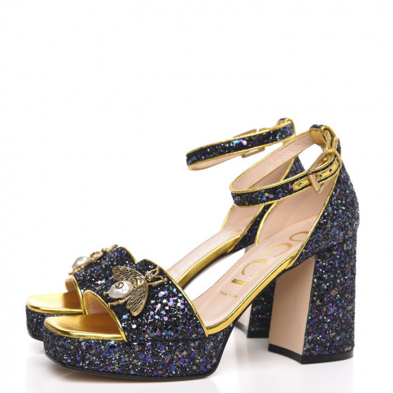 GUCCI Glitter Soko Bee Platform Mid Heel Sandals