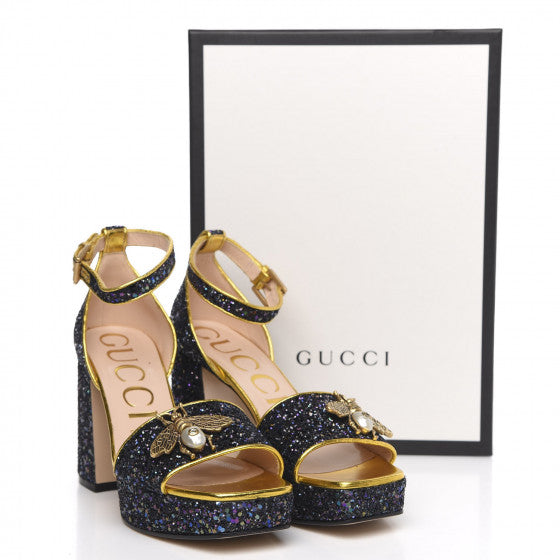 GUCCI Glitter Soko Bee Platform Mid Heel Sandals