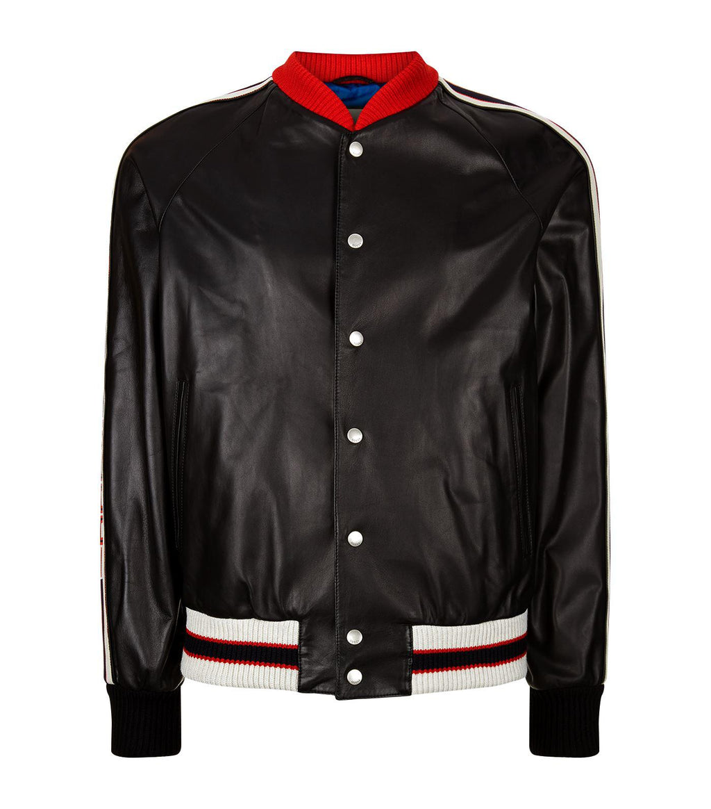 GUCCI HOLLYWOOD EMBROIDERY WEB LEATHER JACKET