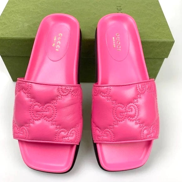 GUCCI CHARLOTTE LOGO NAPPA LEATHER SLIDE SANDALS