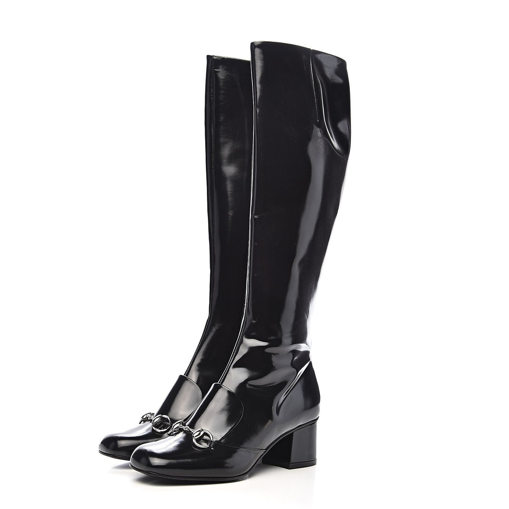 GUCCI PATENT LILIAN HORSEBIT KNEE HIGH BOOTS