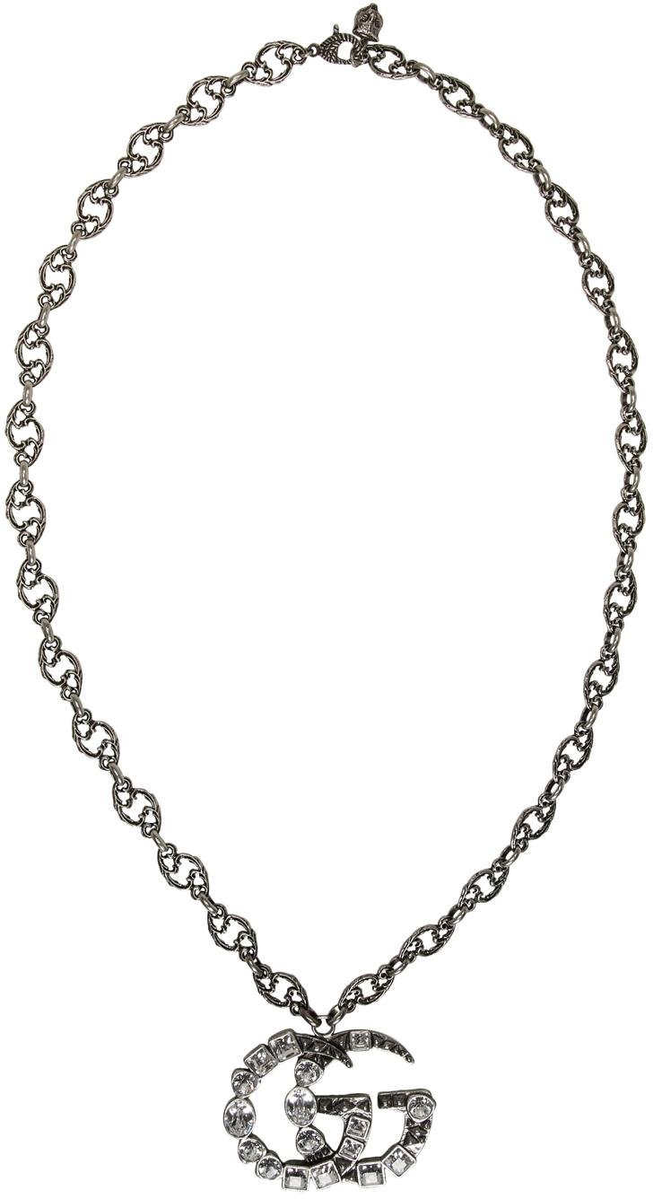 GUCCI GG Crystal Marmont Necklace Aged Silver