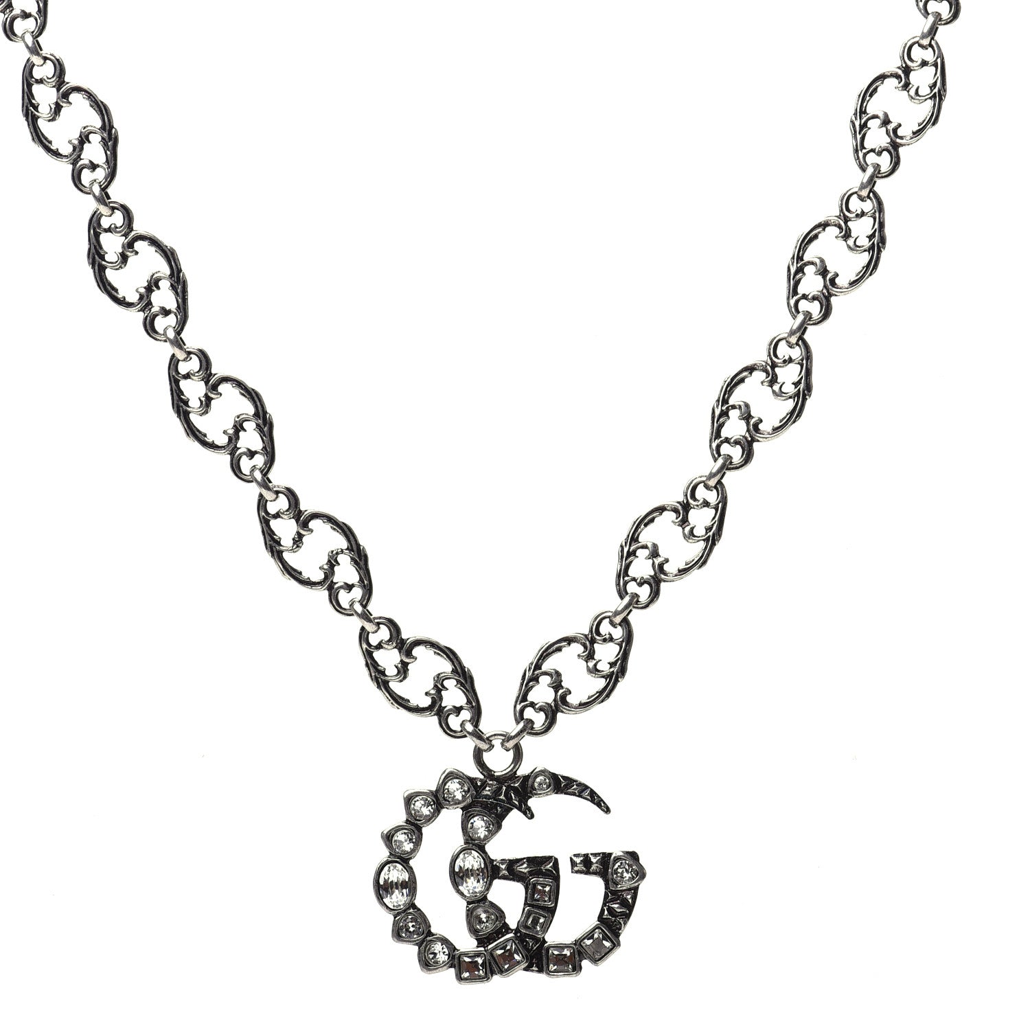 GUCCI GG Crystal Marmont Necklace Aged Silver