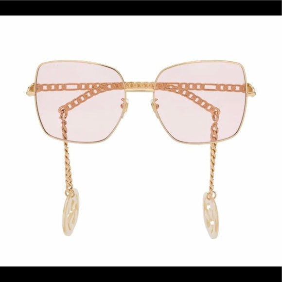 Gucci Charm Chain Sunglasses Square Pink Lens Gold