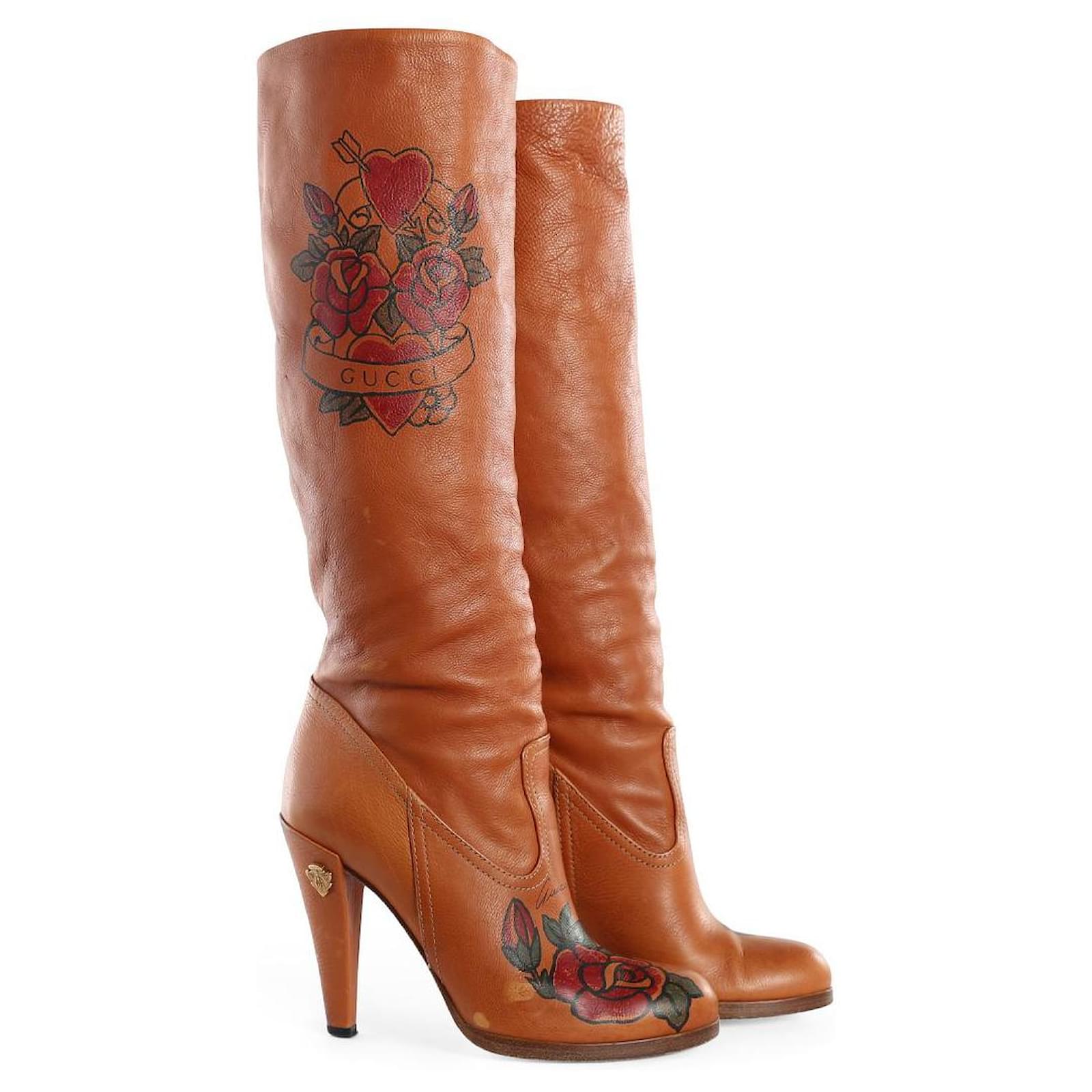 GUCCI TAN LEATHER TATTOO ROSE TALL BOOTS