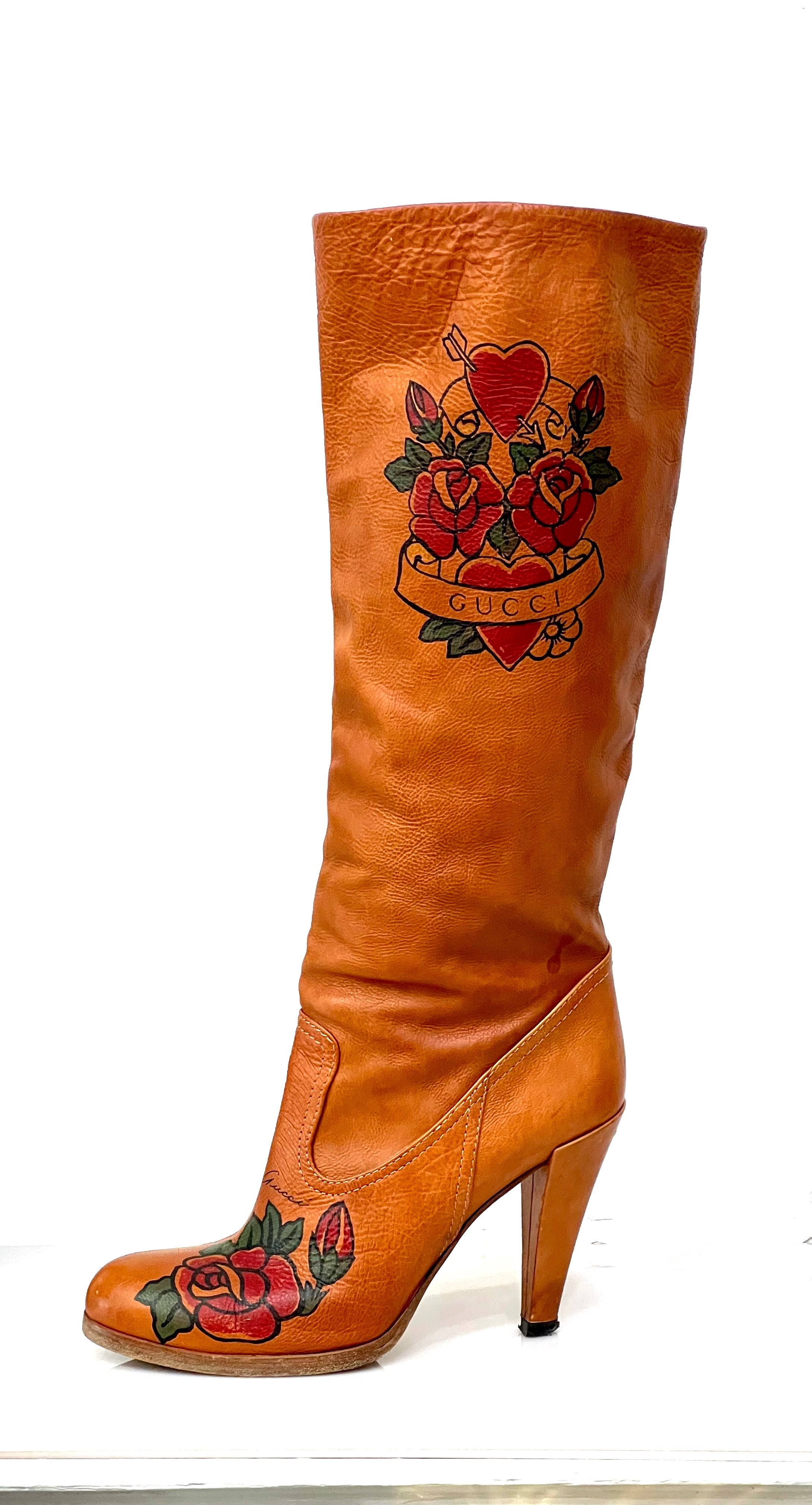 GUCCI TAN LEATHER TATTOO ROSE TALL BOOTS