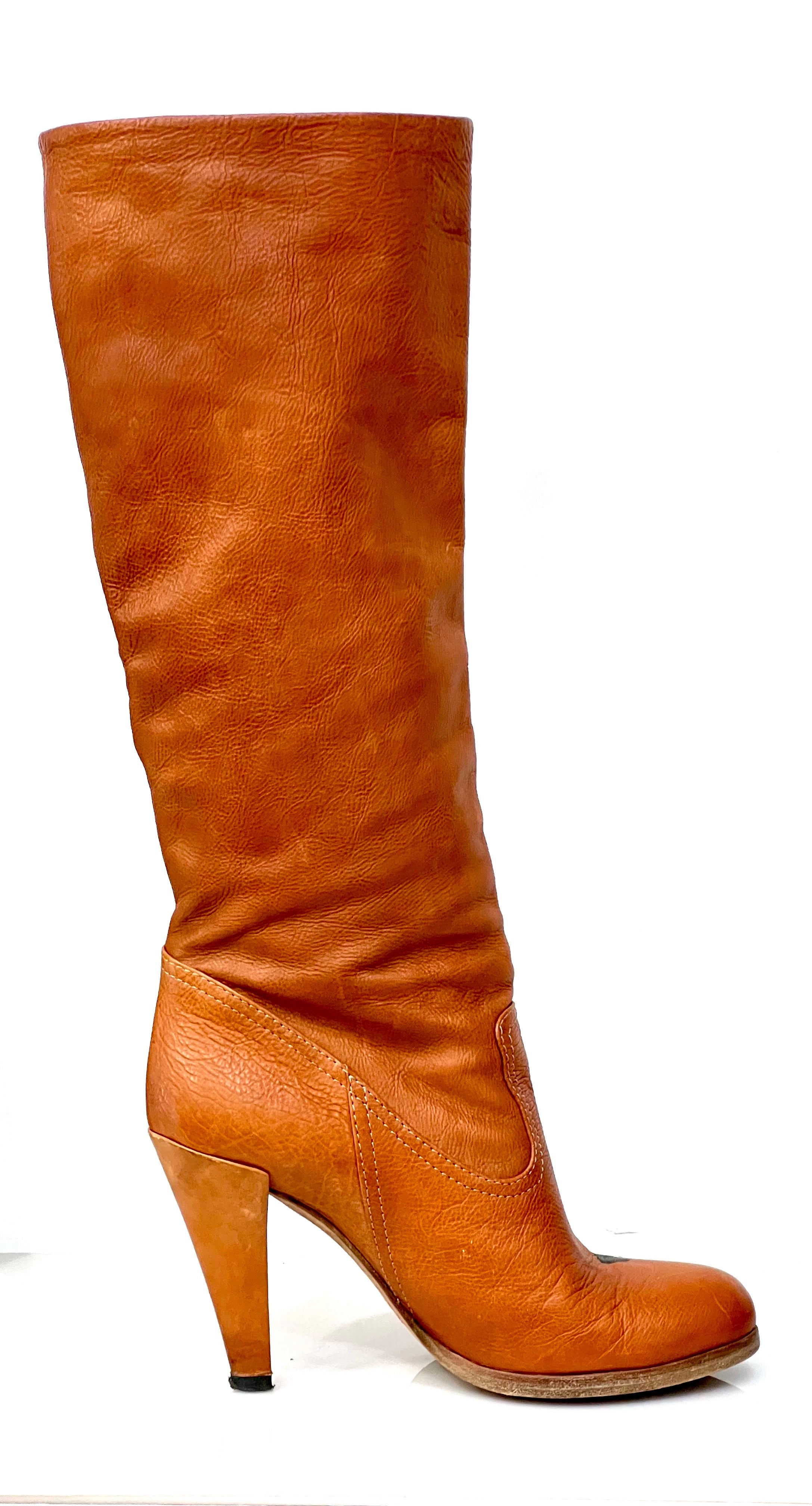 GUCCI TAN LEATHER TATTOO ROSE TALL BOOTS