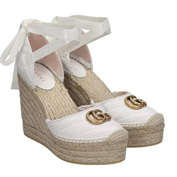 GUCCI PILAR 120 QUILTED NAPPA LEATHER ESPADRILLE WEDGE SANDALS