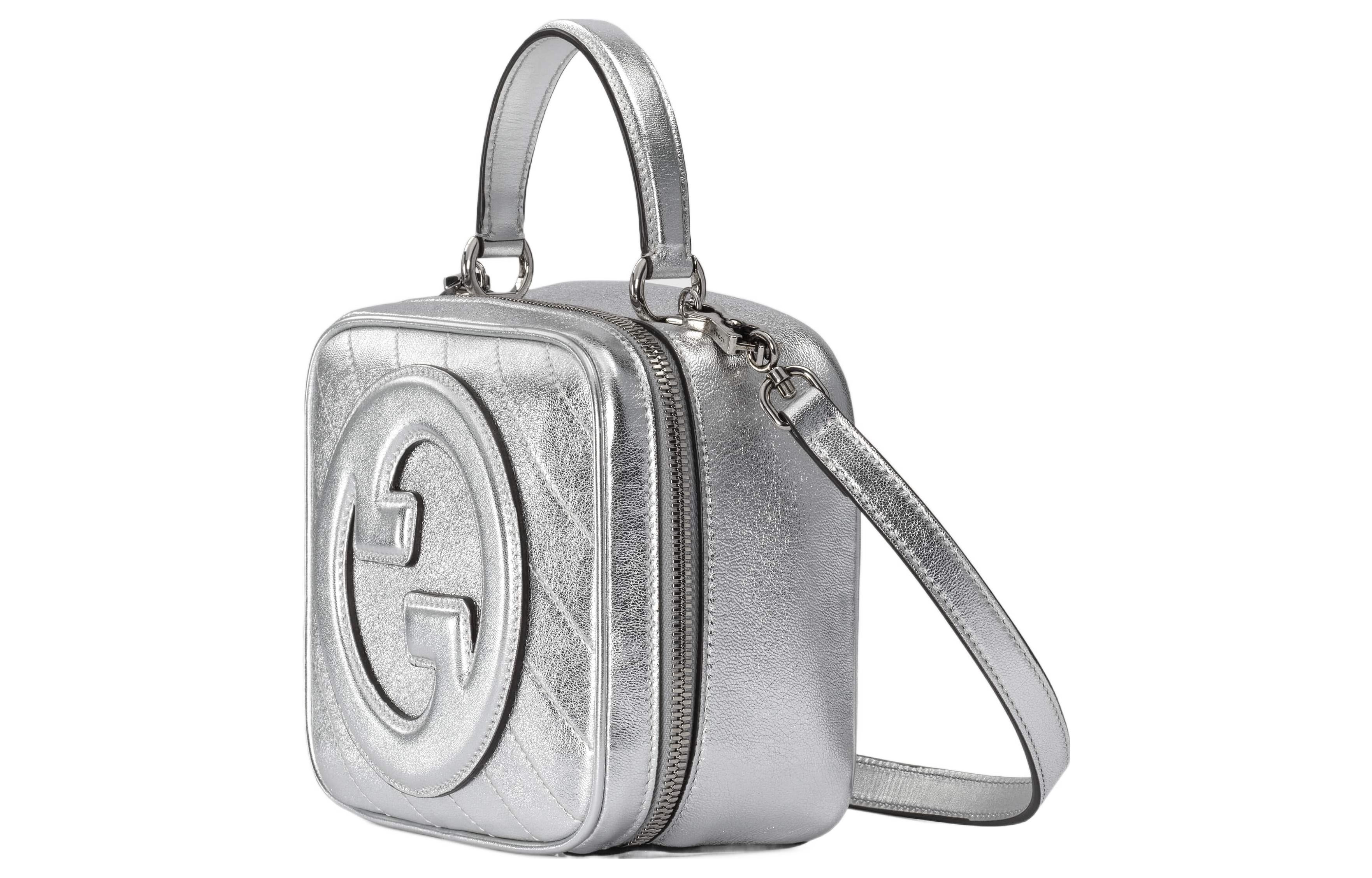 GUCCI BLONDIE METALLIC LEATHER TOP HANDLE BAG WITH STRAP