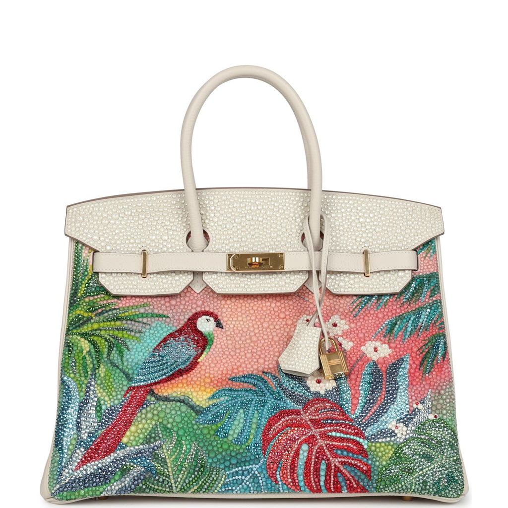 Custom "Paradise" Swarovski Crystal Hermes Birkin 35 Craie Togo Gold Hardware