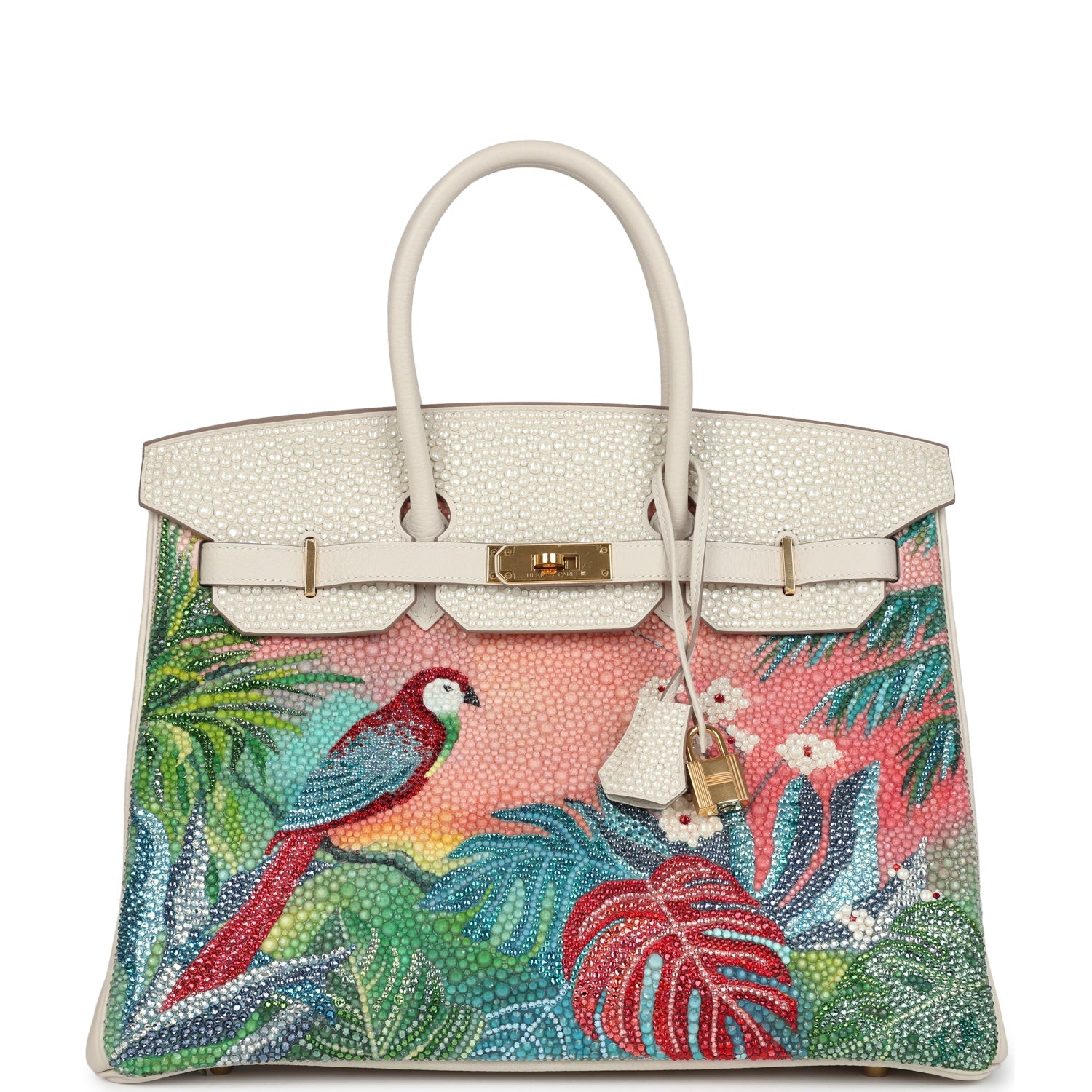 Custom "Paradise" Swarovski Crystal Hermes Birkin 35 Craie Togo Gold Hardware