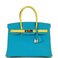 Hermes Special Order (HSS) Birkin 30 Bleu Turquoise and Lime Chevre Gold Hardware
