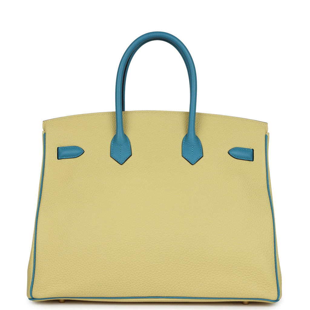Pre-owned Hermes Special Order (HSS) Birkin 35 Jaune Poussin and Bleu Paradise Togo Brushed Gold Hardware