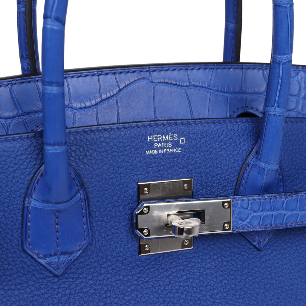 Hermes Birkin 30 Bleu Royal Matte Alligator and Togo Touch Palladium Hardware