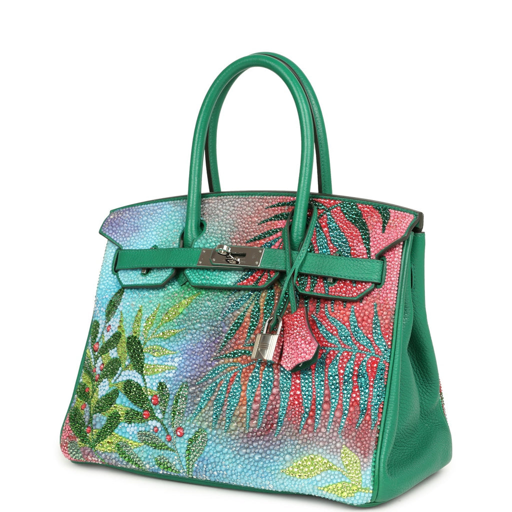 Custom "Paradise" Swarovski Crystal Hermes Birkin 30 Vert Vertigo Togo Palladium Hardware