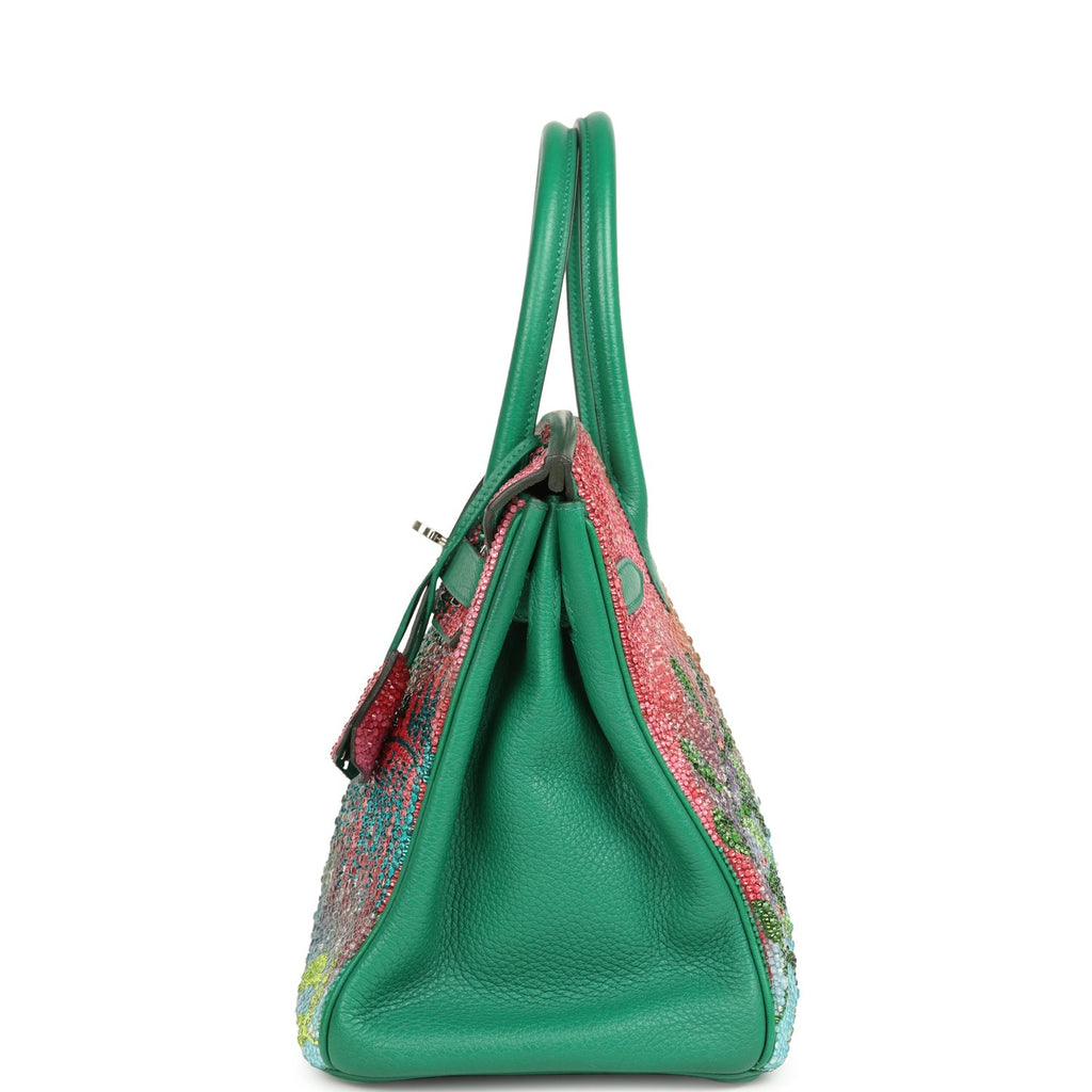Custom "Paradise" Swarovski Crystal Hermes Birkin 30 Vert Vertigo Togo Palladium Hardware