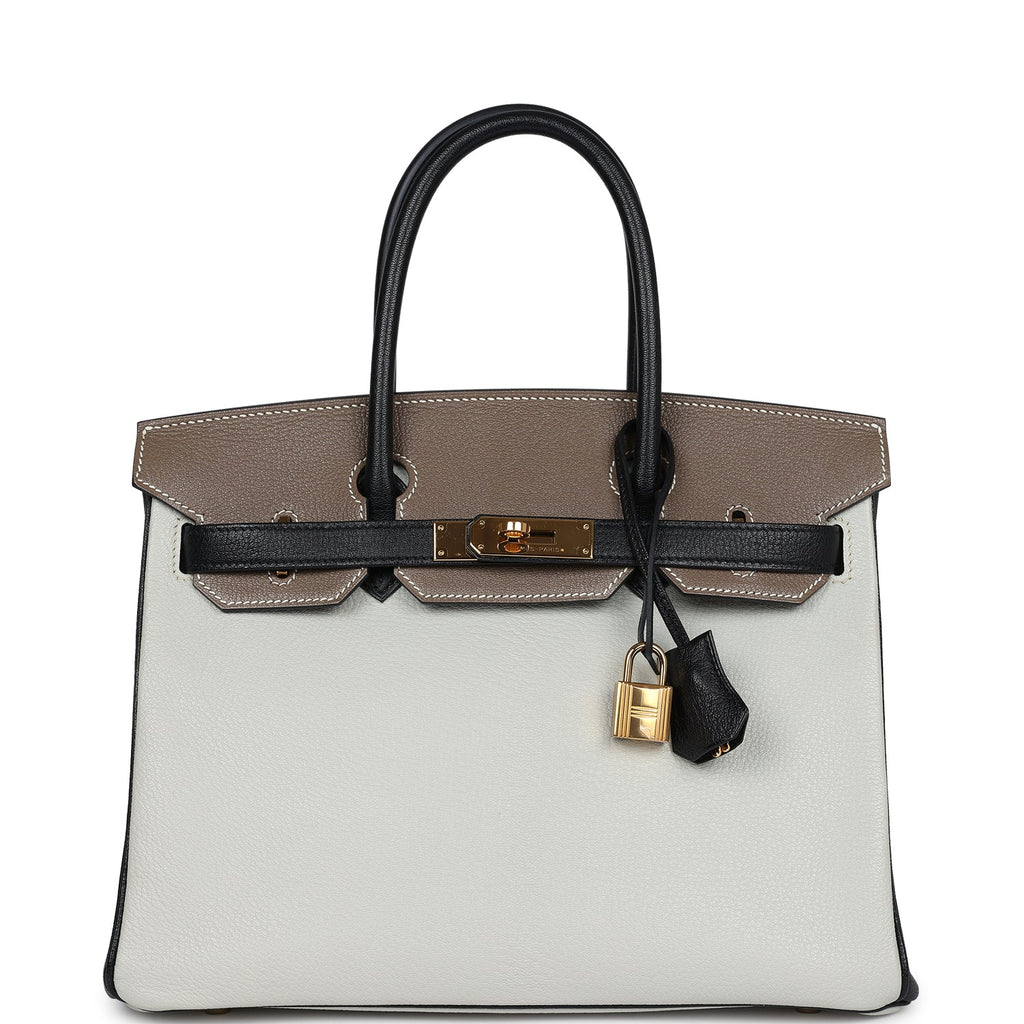 Hermes Special Order (HSS) Tri-color Birkin 30 Gris Perle, Etoupe and Black Chevre Mysore Gold Hardware