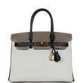 Hermes Special Order (HSS) Tri-color Birkin 30 Gris Perle, Etoupe and Black Chevre Mysore Gold Hardware