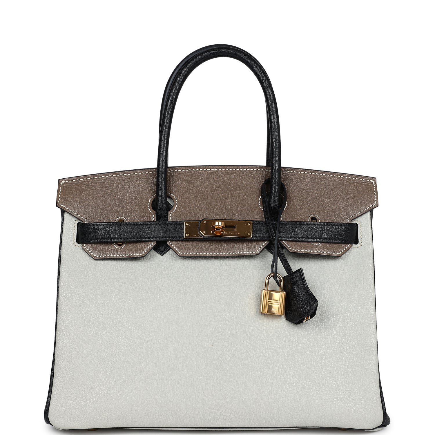 Hermes Special Order (HSS) Tri-color Birkin 30 Gris Perle, Etoupe and Black Chevre Mysore Gold Hardware