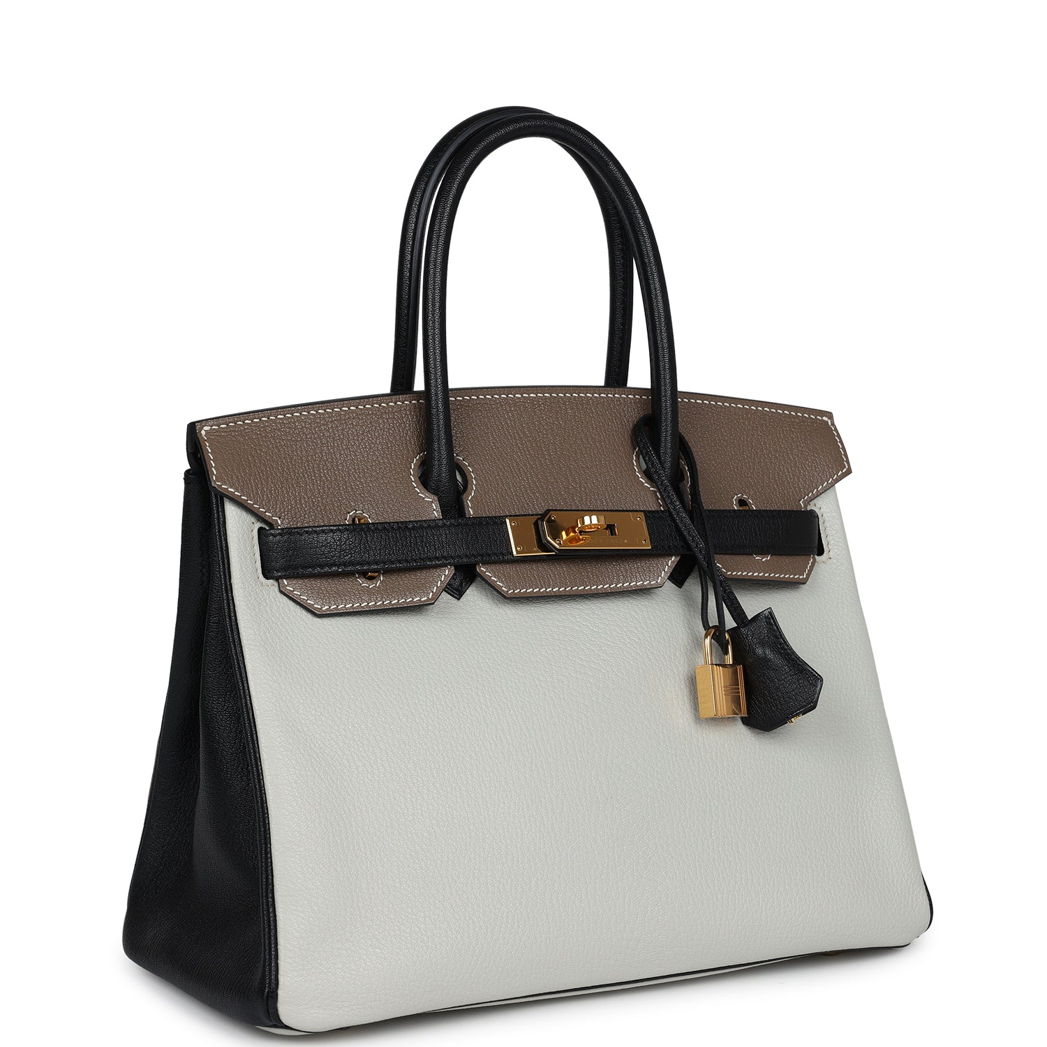 Hermes Special Order (HSS) Tri-color Birkin 30 Gris Perle, Etoupe and Black Chevre Mysore Gold Hardware