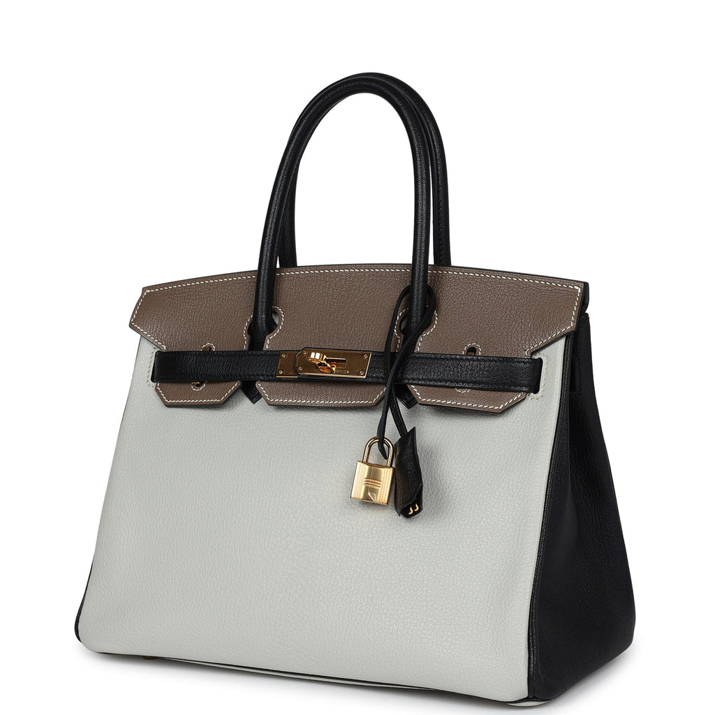 Hermes Special Order (HSS) Tri-color Birkin 30 Gris Perle, Etoupe and Black Chevre Mysore Gold Hardware