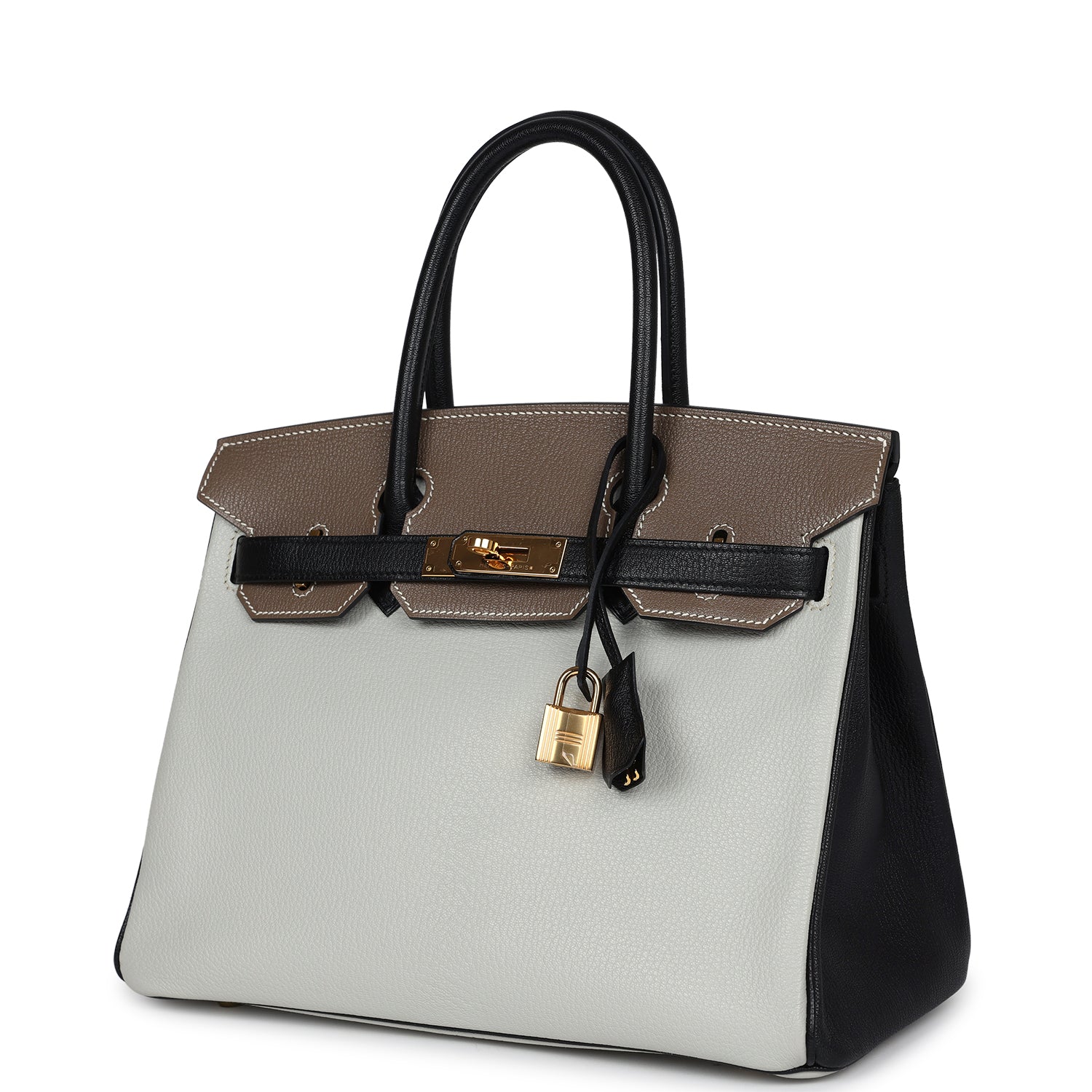 Hermes Special Order (HSS) Tri-color Birkin 30 Gris Perle, Etoupe and Black Chevre Mysore Gold Hardware