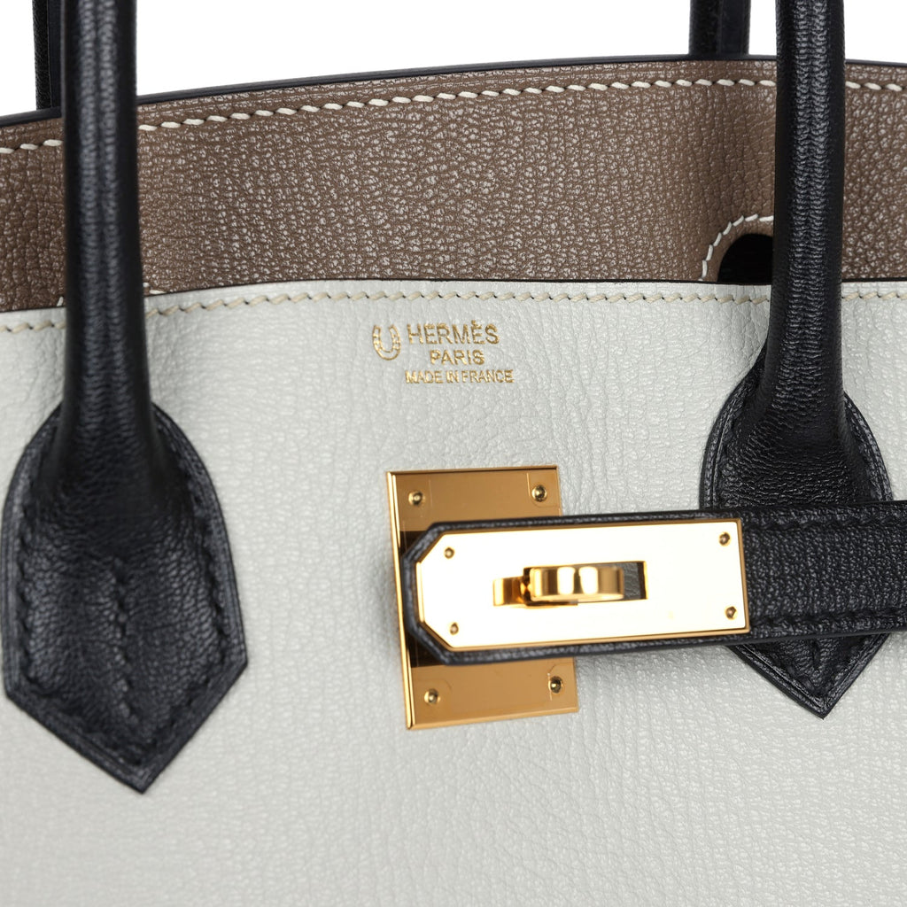 Hermes Special Order (HSS) Tri-color Birkin 30 Gris Perle, Etoupe and Black Chevre Mysore Gold Hardware