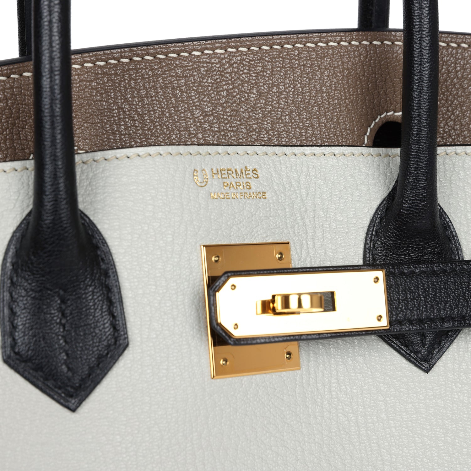 Hermes Special Order (HSS) Tri-color Birkin 30 Gris Perle, Etoupe and Black Chevre Mysore Gold Hardware