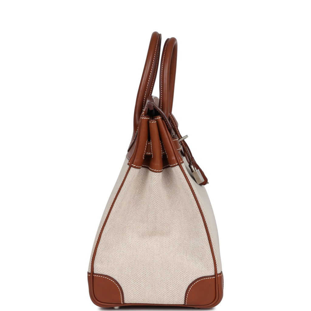 Hermes HAC Birkin 32 Toile and Fauve Barenia Palladium Hardware