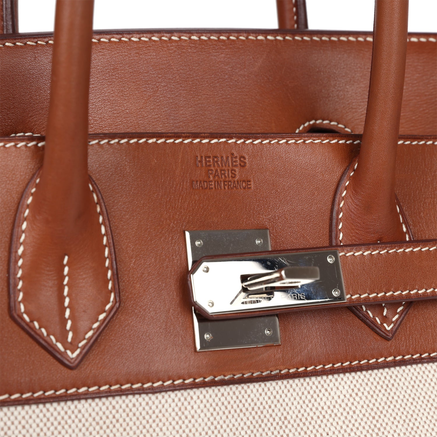 Hermes HAC Birkin 32 Toile and Fauve Barenia Palladium Hardware