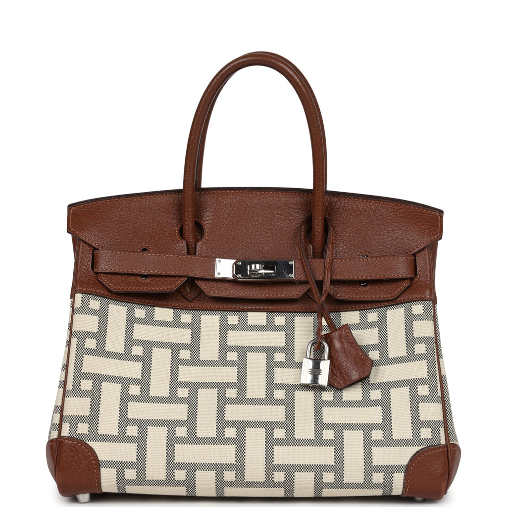 New Hermes Birkin 30 Marron D'Inde Buffalo and Mosaique Canvas Palladium Hardware