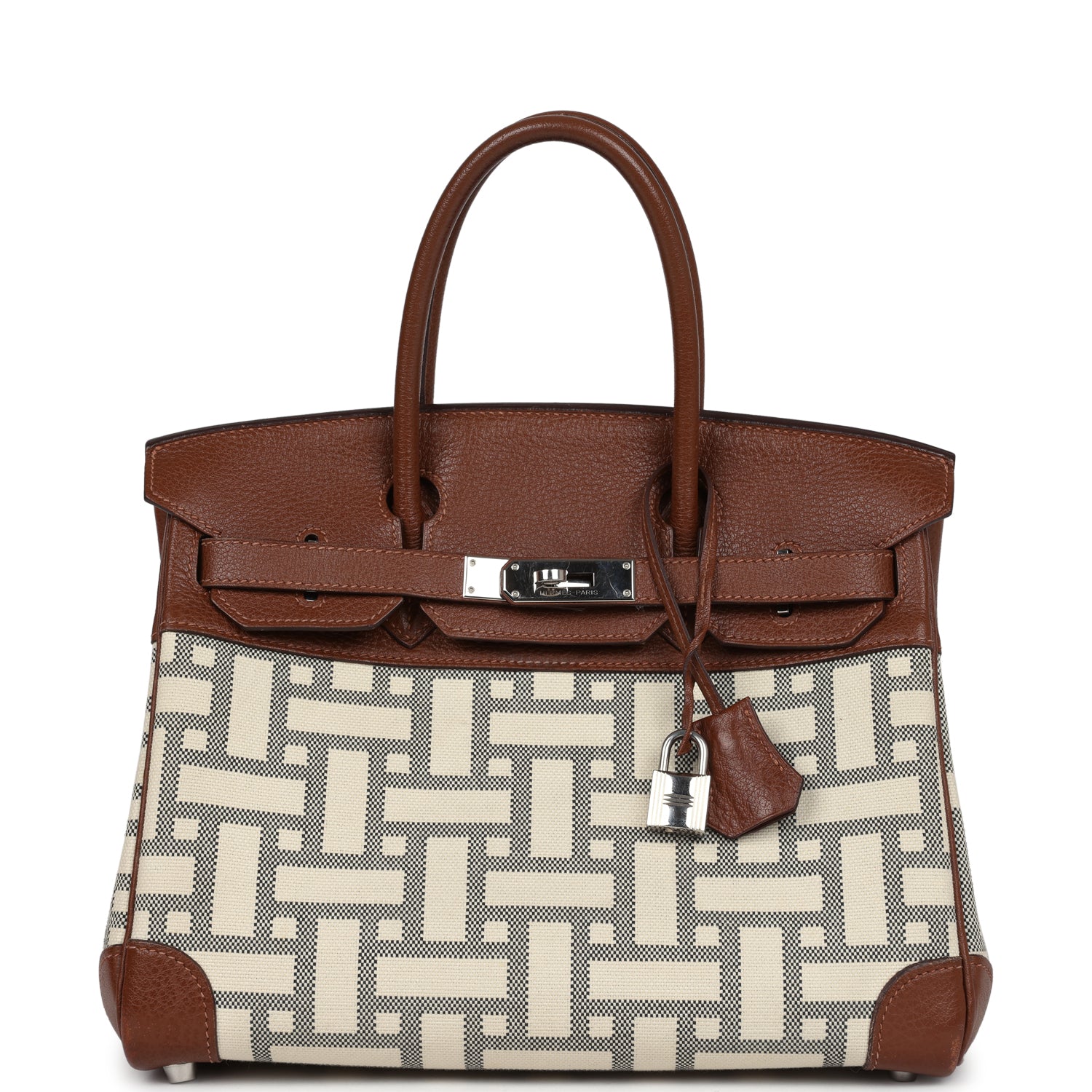New Hermes Birkin 30 Marron D'Inde Buffalo and Mosaique Canvas Palladium Hardware