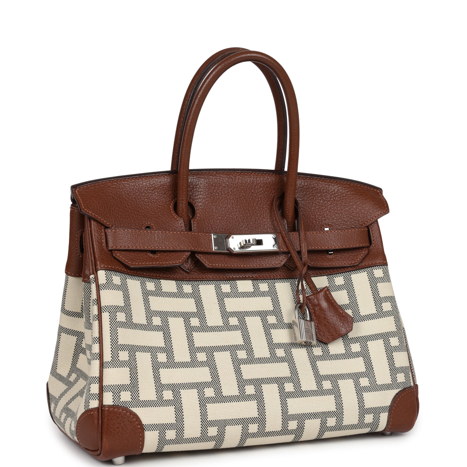 New Hermes Birkin 30 Marron D'Inde Buffalo and Mosaique Canvas Palladium Hardware