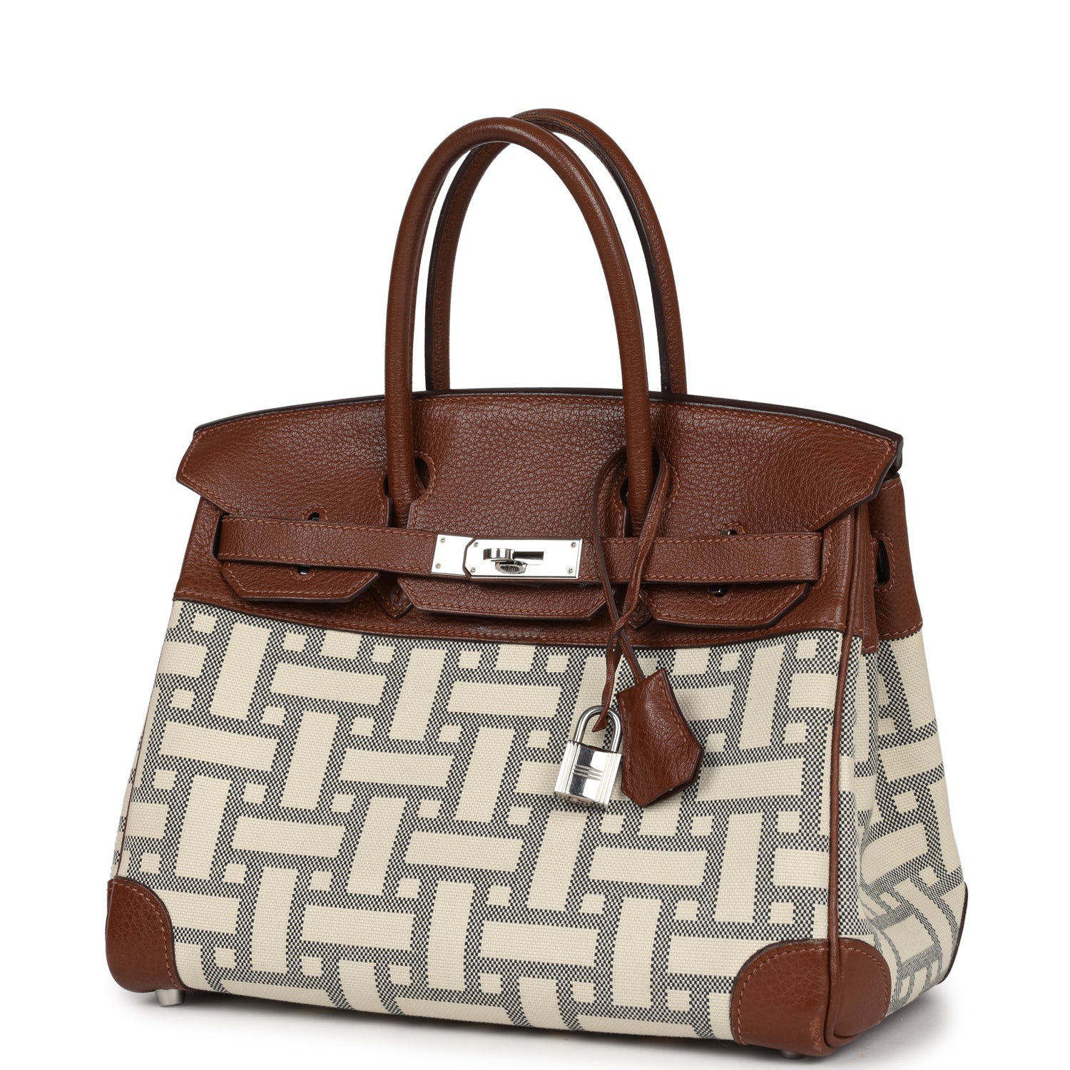 New Hermes Birkin 30 Marron D'Inde Buffalo and Mosaique Canvas Palladium Hardware