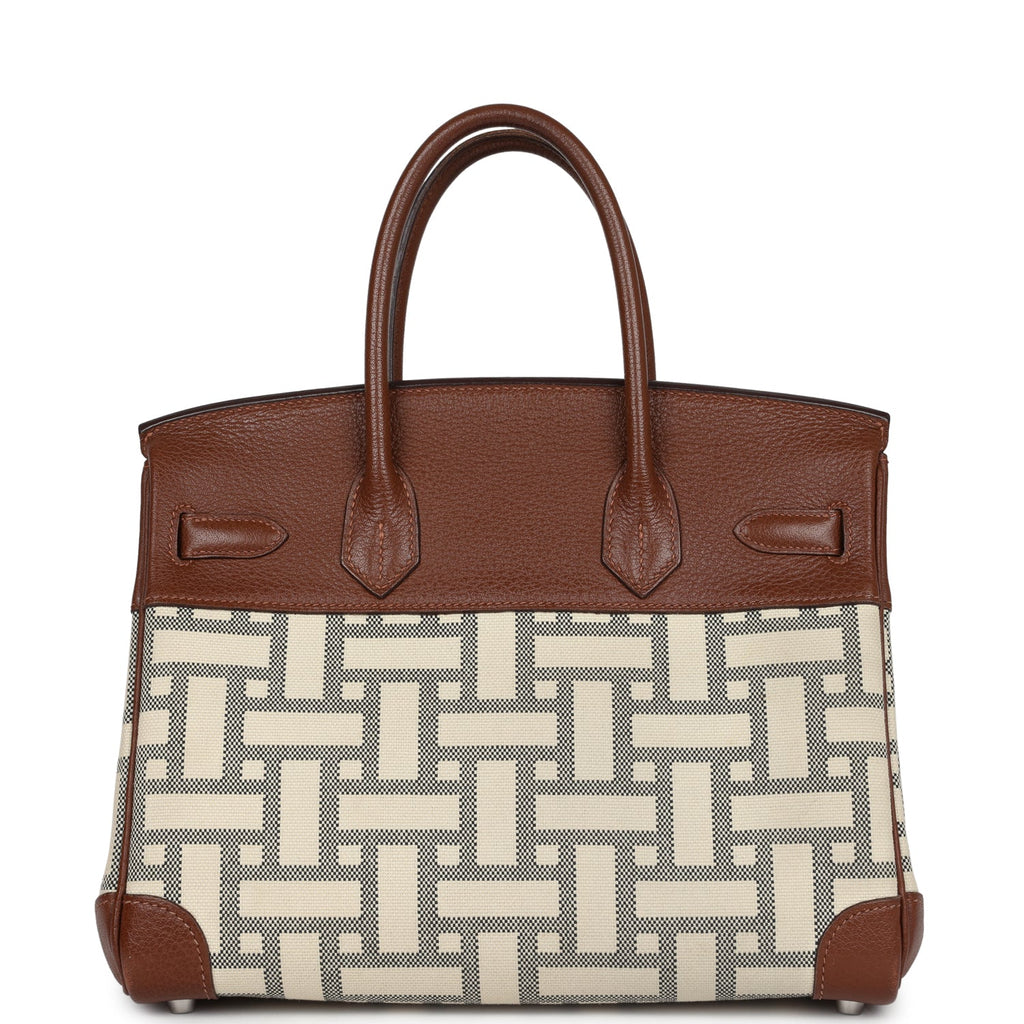 New Hermes Birkin 30 Marron D'Inde Buffalo and Mosaique Canvas Palladium Hardware