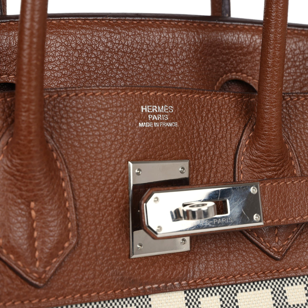 New Hermes Birkin 30 Marron D'Inde Buffalo and Mosaique Canvas Palladium Hardware