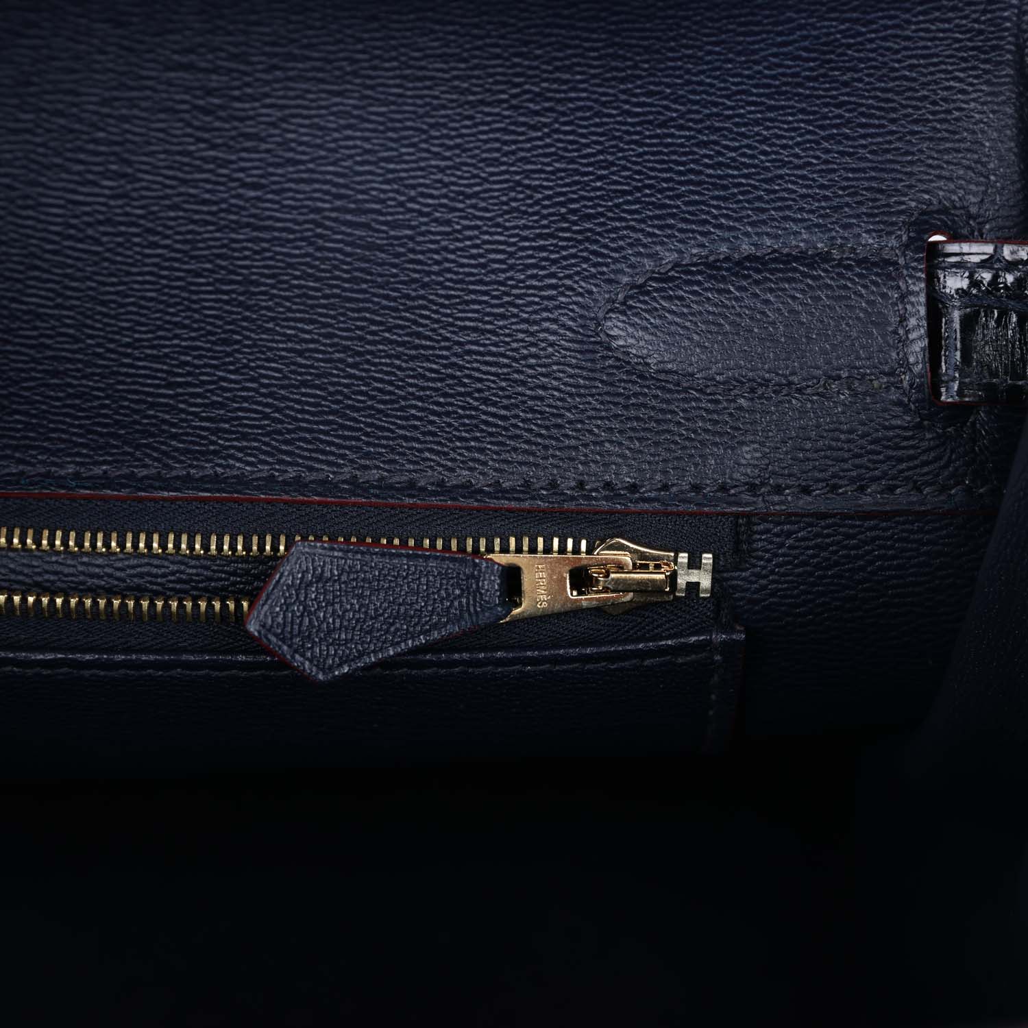 Hermes Birkin 30 Bleu Marine and Rouge H Contour Shiny Porosus Crocodile Gold Hardware