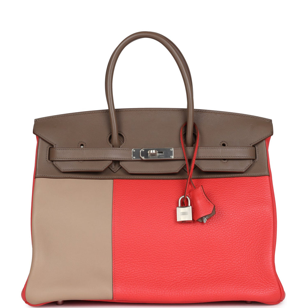 New Hermes Birkin 35 Cascade Rose Jaipur, Etoupe and Argile Swift and Clemence Brushed Palladium Hardware