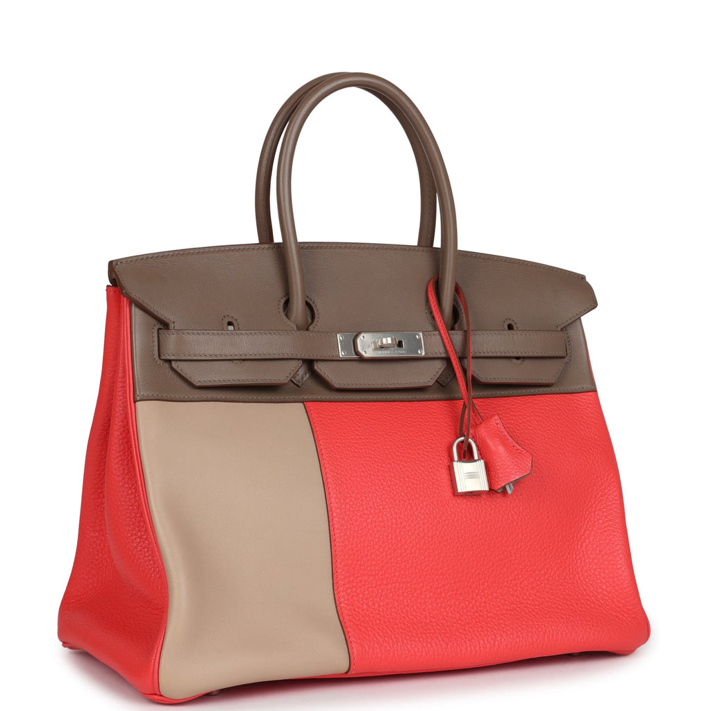 New Hermes Birkin 35 Cascade Rose Jaipur, Etoupe and Argile Swift and Clemence Brushed Palladium Hardware
