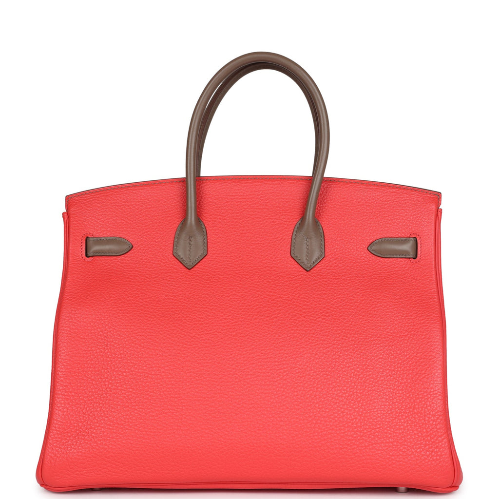 New Hermes Birkin 35 Cascade Rose Jaipur, Etoupe and Argile Swift and Clemence Brushed Palladium Hardware