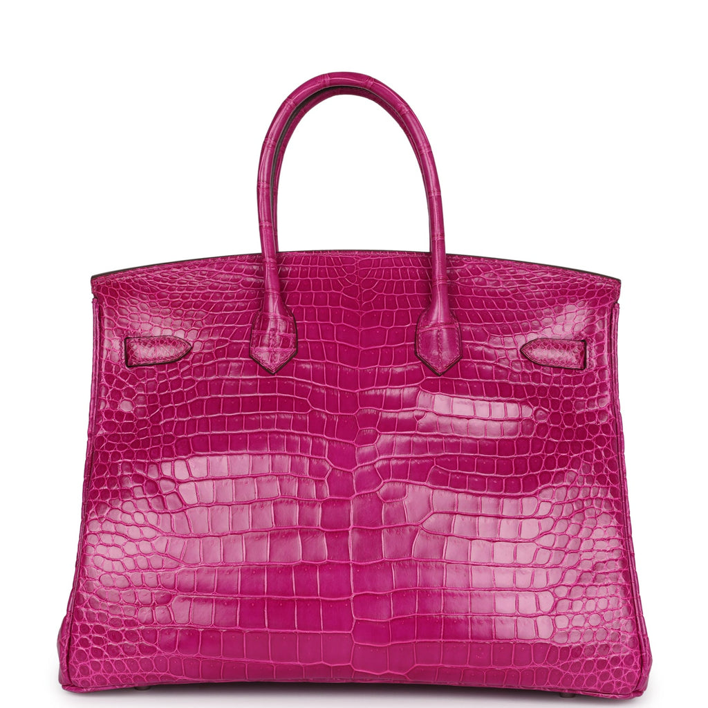 Pre-owned Hermes Birkin 35 Rose Scheherazade Shiny Porosus Crocodile Palladium Hardware